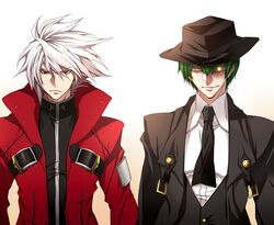  2boys bad_id bad_pixiv_id blazblue cloak commentary fedora glowing glowing_eye green_eyes green_hair hat hazama heterochromia multiple_boys necktie ragna_the_bloodedge red_eyes short_hair white_hair yasshan yellow_eyes 