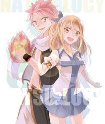  1boy :d blonde_hair blue_nails blue_ribbon blue_skirt brown_eyes character_name commentary_request cowboy_shot erinan fairy_tail female fire green_eyes hair_ribbon head_tilt holding holding_key key long_hair looking_at_viewer lucy_heartfilia miniskirt nail_polish natsu_dragneel one_side_up open_mouth pink_hair pleated_skirt ribbon scarf shirt simple_background skirt sleeveless smile spiked_hair standing white_background white_scarf white_shirt wrist_cuffs 