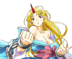  :o bare_shoulders blonde_hair blue_kimono breasts chains cl_(h-sys.) clenched_hand commentary_request cuffs female head_tilt horns hoshiguma_yuugi hoshiguma_yuugi_(kimono) japanese_clothes kimono large_breasts long_hair nail_polish obi pointy_ears red_eyes red_horns red_nails red_sash right-over-left_kimono sash simple_background single_horn solo touhou white_background 