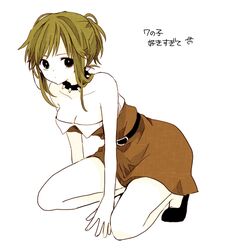  alternate_hairstyle anzu_(o6v6o) belt between_legs breasts choker cleavage collarbone commentary_request dress female gumi hand_between_legs juu_mensou_(vocaloid) kneeling looking_at_viewer ponytail sepia shoes short_hair_with_long_locks sidelocks simple_background small_breasts solo spiked_choker spikes strapless strapless_dress translated vocaloid white_background 