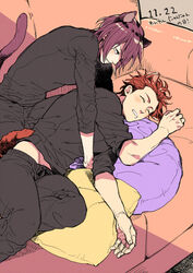  2boys animal_ears blush cat_ears cat_tail closed_eyes clothes_lift commentary_request couch dethmath drawstring drooling free! hatching_(texture) hip_bones looking_at_another lying male_focus matching_outfits matsuoka_rin mikoshiba_seijuurou multiple_boys on_side orange_hair pants pillow red_eyes red_hair shirt shirt_lift sleeping sweatpants t-shirt tail yaoi 