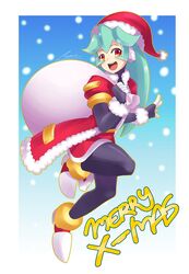  android blush border christmas coat commentary female full_body fur_trim gloves gradient_background green_hair highres holding holding_sack leg_up long_hair looking_back mega_man_(series) mega_man_zx merry_christmas open_mouth pandora_(mega_man) puffy_short_sleeves puffy_sleeves red_coat robot_ears sack santa_costume short_sleeves shoutaro_saito signature smile snowflakes solo white_border 