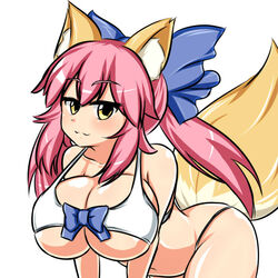  all_fours animal_ears bikini breasts collarbone commentary_request fate/extra fate_(series) female fox_ears fox_tail hair_ribbon large_breasts long_hair looking_at_viewer moyashi_udon navel official_alternate_costume pink_hair ribbon simple_background solo swimsuit tail tamamo_(fate) tamamo_no_mae_(fate/extra) tamamo_no_mae_(sexy_bikini)_(fate) underboob white_background yellow_eyes 