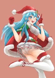  ;d aqua_hair armor ass bad_id bad_pixiv_id blue_eyes blush boots breasts cape commentary_request deekei earrings eirika_(fire_emblem) eirika_(winter)_(fire_emblem) female fire_emblem fire_emblem:_the_sacred_stones fire_emblem_heroes fur_trim gloves hair_ornament hat highres jewelry leg_up long_hair miniskirt one_eye_closed open_mouth panties pleated_skirt pom_pom_(clothes) red_gloves red_thighhighs santa_hat signature skirt smile solo thigh_boots thighhighs thighs underwear v white_footwear white_panties 