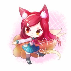  academy_ahri ahri_(league_of_legends) animal_ears black_thighhighs character_name chibi commentary_request facial_mark female fox_ears fox_tail hair_ornament hairclip heart heart_hair_ornament league_of_legends long_hair mizoreame multiple_tails necktie pink_hair school_uniform skirt solo tail thighhighs whisker_markings yellow_eyes 