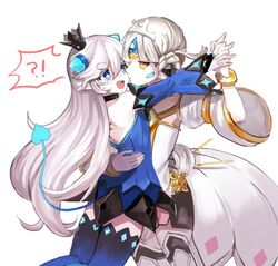  !? 2girls bad_id bad_pixiv_id blue_eyes blue_sleeves blue_thighhighs braid choker code:_empress_(elsword) crown demon_power_(elsword) demon_tail detached_sleeves elsword empty_eyes eve_(elsword) holding_hands jeruka_(otot9181) long_hair luciela_r._sourcream multiple_girls no_pupils short_hair tail thick_eyebrows thighhighs white_background white_hair white_sleeves yellow_eyes 