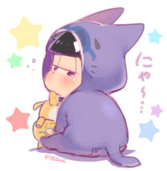  1boy alternate_costume artist_name baby black_hair blush esper_nyanko kl lolicon matsuno_ichimatsu osomatsu-kun osomatsu-san pixiv_sample purple_eyes signature sitting solo star starry_background stuffed_animal stuffed_toy twitter_username 