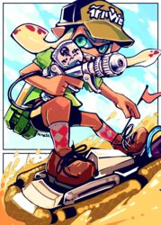  aerospray_(splatoon) baseball_cap bike_shorts blonde_hair commentary_request fangs female green_eyes hat holding holding_weapon ink_tank_(splatoon) inkling inkling_girl inkling_player_character long_hair looking_at_viewer mineta_naoki open_mouth paint_splatter pointy_ears riding seeker_(splatoon) smile solo splatoon_(series) splatoon_1 tentacle_hair weapon 