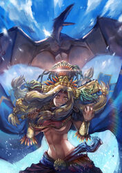  blonde_hair bracer breasts cape commentary_request day dinosaur fate/grand_order fate_(series) female green_eyes headgear highres holding holding_sword holding_weapon huamuan_huamuan lens_flare long_hair low-tied_long_hair macuahuitl over_shoulder prehistoric prehistoric_animal pterosaur quetzalcoatl_(fate) quetzalcoatlus sharp_teeth sky solo sun sword teeth underboob weapon weapon_over_shoulder 