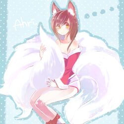  ahri_(league_of_legends) animal_ears bare_shoulders brown_hair character_name commentary detached_sleeves facial_mark female fox_ears fox_tail holding_own_tail korean_clothes league_of_legends long_sleeves looking_at_viewer mizoreame multiple_tails solo tail whisker_markings 