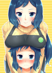  1boy age_difference aichi_shiho apron bad_id bad_pixiv_id blue_eyes blue_hair blush breast_rest breasts breasts_on_head female gundam gundam_build_fighters hug hug_from_behind iori_rinko iori_sei large_breasts long_hair looking_at_viewer mature_female mother_and_son onee-shota ribbed_sweater short_hair smile straight striped striped_background sweater yellow_background 