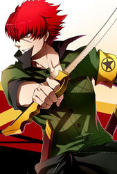  1boy bad_id bad_pixiv_id grey_eyes grin male_focus minazuki_sho persona persona_4:_the_ultimate_in_mayonaka_arena red_hair scar smile solo sword weapon yasshan 