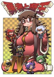  1boy 6+girls :&lt; antlers breasts brown_eyes brown_hair chibi commentary_request crossed_arms demon_girl forehead_jewel glasses green_eyes green_hair hair_over_one_eye highres horns humanoid_robot large_breasts leaf leaf_on_head long_hair maou_beluzel matsuda_yuusuke messy_hair mini_person miniboy minigirl monster_girl multiple_girls nise_maou_dokuzeru nise_maou_kanizeru nise_maou_kikaizeru oerba_yun_fang plant_girl plump purple_eyes purple_hair red_hair revision robot semi-rimless_eyewear sidelocks solo_focus under-rim_eyewear yonezawa_natsumi yuusha_masatoshi yuusha_to_maou 