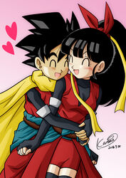  1boy beat_(dragon_ball) black_hair boots breasts dated dragon_ball dragon_ball_heroes female grabbing happy hug karoine looking_back note_(dragon_ball) ponytail saiyan shiny shiny_skin smile straight tail 