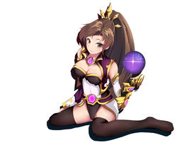  bad_id bad_pixiv_id black_thighhighs breasts brown_eyes brown_hair cleavage female gauntlets heroes_of_the_storm highres li-ming long_hair looking_at_viewer medium_breasts no_shoes photoshop_(medium) ponytail simple_background sitting solo thighhighs wariza white_background xian_yue_bing_huan 