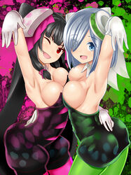  2girls armpits asymmetrical_docking black_hair blue_eyes breast_press breasts callie_(splatoon) callie_(splatoon)_(cosplay) commentary_request cosplay gloves green_pantyhose grey_hair hair_ornament hair_over_one_eye hamakaze_(kancolle) highres isokaze_(kancolle) kantai_collection long_hair looking_at_viewer marie_(splatoon) marie_(splatoon)_(cosplay) medium_breasts multiple_girls one_eye_closed pantyhose photoshop_(medium) red_eyes short_hair short_jumpsuit sin_(kami148) splatoon_(series) splatoon_1 wings 