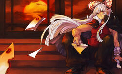  alternate_costume bad_id bad_pixiv_id bandages burned_paper cape cloud evening female flying_paper fujiwara_no_mokou hair_ribbon letter long_hair looking_away love_letter muscular paper papers piroriking red_eyes ribbon sideways_glance sitting sleeveless solo stairs sunset touhou very_long_hair window 