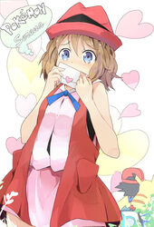  1boy baseball_cap black_hair blue_eyes blue_ribbon blush brown_hair character_name coat commentary_request copyright_name covering_own_mouth female hat heart highres letter love_letter neck_ribbon open_clothes open_coat photoshop_(medium) pikachu pokemon pokemon_(anime) pokemon_(creature) rakkogawa_rinro ribbon satoshi_(pokemon) serena_(pokemon) short_hair sleeveless_duster 