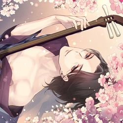  1boy black_eyes black_hair cherry_blossoms commentary_request gin_(oyoyo) instrument japanese_clothes john_garabushi kaitou_tenshi_twin_angel kimono looking_at_viewer male_focus nipples off_shoulder open_clothes open_kimono parted_lips petals photoshop_(medium) shamisen single_bare_shoulder smile solo twin_angel twin_angel_break 