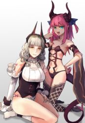  2girls :d bare_shoulders black_legwear breasts carmilla_(fate) carmilla_(fate)_(cosplay) commentary_request cosplay detached_sleeves elizabeth_bathory_(fate) elizabeth_bathory_(fate/extra_ccc) elizabeth_bathory_(fate/extra_ccc)_(cosplay) elizabeth_bathory_(second_ascension)_(fate) elizabeth_bathory_(second_ascension)_(fate)_(cosplay) fate/extra fate/extra_ccc fate/grand_order fate_(series) grey_background highres hsin kneehighs kneeling large_breasts long_hair looking_at_viewer multiple_girls navel open_mouth pointy_ears purple_hair sitting small_breasts smile socks tail white_legwear yellow_eyes 