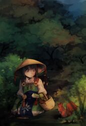  artist_name bag basket female fire_emblem fire_emblem_if grass green_eyes green_hair hat highres leaf long_hair midoriko_(fire_emblem_if) nature sangcoon sitting solo squirrel straw_hat teeth tree twintails 