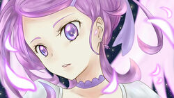  bad_id bad_pixiv_id choker cure_sword dokidoki!_precure earrings female hair_ornament hairpin highres hina_(bird_salty) jewelry kenzaki_makoto magical_girl petals portrait precure purple_choker purple_eyes purple_hair short_hair solo spade_(shape) spade_earrings 