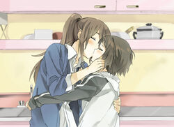  2girls black_hair blush brown_hair closed_eyes commentary_request cupboard hand_on_another&#039;s_back hareta jacket kissing komano_hina long_hair long_sleeves multiple_girls okujou_no_yurirei-san open_clothes open_jacket photoshop_(medium) ponytail pot short_hair sink toomi_yuna track_jacket yuri 