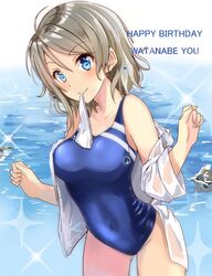  bare_shoulders blue_eyes blue_one-piece_swimsuit breasts commentary_request competition_swimsuit dress_shirt female grey_hair happy_birthday love_live! love_live!_sunshine!! mouth_hold okutomi_fumi one-piece_swimsuit shirt short_hair solo swim_cap swimsuit unworn_swim_cap watanabe_you 