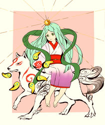  amaterasu_(ookami) amaterasu_(p&amp;d) animal_ears aqua_hair commentary_request female green_eyes guuko japanese_clothes kimono long_hair magatama name_connection okami puzzle_&amp;_dragons smile tail tattoo wolf wolf_ears 