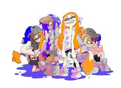  2boys 2girls bike_shorts commentary_request e-liter_3k_(splatoon) feline flag full_body hat inkbrush_(splatoon) inkling inkling_boy inkling_girl inkling_player_character inoue_seita judd_(splatoon) knit_hat long_hair mask monster_boy monster_girl multiple_boys multiple_girls official_art open_mouth orange_hair paintbrush pigeon-toed pointy_ears shoes simple_background sitting smile sneakers splatoon_(series) splatoon_1 squid_beakon_(splatoon) standing suction_bomb_(splatoon) teeth tentacle_hair white_background yellow_eyes 