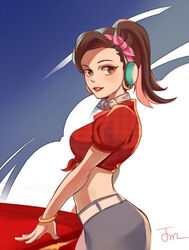  bangle belt blue_background blue_pants boiledpotatoes bracelet breasts brown_eyes brown_hair choker commentary cowboy_shot crop_top cruiser_d.va d.va_(overwatch) earrings english_commentary female from_side front-tie_top grey_choker grey_pants head_scarf headphones highres hoop_earrings jewelry light_smile looking_at_viewer looking_to_the_side medium_breasts medium_hair midriff official_alternate_costume overwatch overwatch_1 pants pink_ribbon plaid plaid_shirt ponytail puffy_short_sleeves puffy_sleeves red_lips red_shirt ribbon ribbon_choker shirt short_sleeves signature solo tight_clothes tight_pants unmoving_pattern white_background 