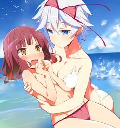  2girls 9law anne_happy bare_shoulders bikini bird blue_eyes blush breast_press breasts brown_eyes brown_hair cleavage cloud collarbone day ekoda_ren embarrassed groin hagyuu_hibiki holding leaning_forward medium_breasts multiple_girls open_mouth outdoors ripples silver_hair sky small_breasts swimsuit tears topless wardrobe_malfunction water wavy_mouth white_bikini yuri 