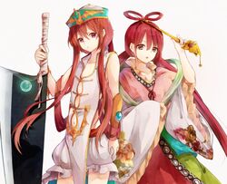  brother_and_sister brown_eyes china_dress chinese_clothes collarbone dress female floral_print green_hat hair_ornament hair_rings hat long_hair looking_at_viewer magi_the_labyrinth_of_magic navel navel_cutout open_mouth red_eyes red_hair ren_kougyoku ren_kouha shorts siblings simple_background standing sword twintails very_long_hair wand weapon white_background white_dress wide_sleeves 