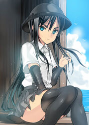  arm_warmers asashio_(kancolle) bad_id bad_pixiv_id beach bird black_hair black_thighhighs blue_eyes coin_rand day female hat kantai_collection long_hair outdoors pleated_skirt school_uniform seagull sitting skirt solo suspender_skirt suspenders thighhighs water 