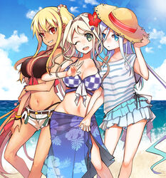  3girls ah-64d_(3ath.)_(rick_g_earth) amatsuki_colors beach belt bikini black_bikini blonde_hair bracelet breasts candy cleavage cloud cloudy_sky commentary_request day food gradient_hair green_eyes grin hair_between_eyes hair_intakes hat holding_hands interlocked_fingers jewelry large_breasts layered_bikini light_purple_hair locked_arms lollipop long_hair looking_at_viewer magach_6b_gal_batash_(rick_g_earth) multicolored_hair multiple_girls navel ocean one_eye_closed one_side_up outdoors red_eyes rick_g_earth sarong shirt shorts silver_hair sky smile straw_hat striped_clothes striped_shirt swimsuit t-72b3_(rick_g_earth) two-tone_hair v very_long_hair white_shorts 