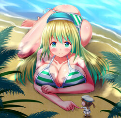  atago_(kancolle) barefoot beach bikini blonde_hair breasts cleavage commentary_request fairy_(kancolle) female green_eyes hat highres kantai_collection large_breasts long_hair stir255 striped_bikini striped_clothes swimsuit 