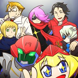  black_hair blonde_hair blue_eyes concrete_revolutio earth-chan_(concrete_revolutio) highres hitoyoshi_jirou jacket judas_(concrete_revolutio) megashin multiple_boys pink_hair robot scarf shiba_raito shirota_akira short_hair sunglasses white_hair 