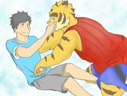  4:3 amber_eyes anthro blue_eyes bottomwear clothing duo eyebrows felid fur hiroyuki_(morenatsu) human kemokemo0924 male male/male mammal morenatsu pantherine shirt shorts simple_background smile t-shirt tank_top thick_eyebrows tiger topwear torahiko_(morenatsu) white_background 