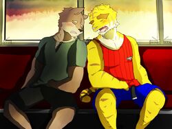  4:3 anthro big_muscles bottomwear canid canine canis closed_eyes clothing countershading duo eyebrows felid fur inside_train kemokemo0924 lagoon_lounge male mammal morenatsu muscular open_mouth pantherine public_transportation shirt shorts sleeping tank_top thick_eyebrows tiger topwear torahiko_(morenatsu) train vehicle wolf yuujirou_urushi 