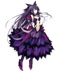  boots bow breasts dark_persona date_a_live dress elbow_gloves expressionless female full_body gloves hair_ornament imageboard_desourced long_hair medium_breasts midriff multicolored_eyes navel non-web_source official_art purple_eyes purple_hair see-through sidelocks solo thighhighs tsunako very_long_hair white_background yatogami_tenka yatogami_tooka 