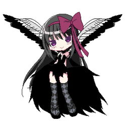  akemi_homura akuma_homura bad_id bad_pixiv_id black_gloves black_hair dress elbow_gloves female gloves hair_ribbon kyabechi long_hair mahou_shoujo_madoka_magica mahou_shoujo_madoka_magica:_hangyaku_no_monogatari pixel_art purple_eyes ribbon shoes smile solo spoilers thighhighs wings 