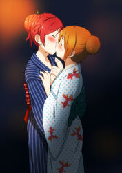  2girls bad_id bad_pixiv_id blush braid brown_hair closed_eyes hair_bun hair_ornament hug inuzuka_bouru japanese_clothes kimono kissing kosaka_honoka love_live! love_live!_school_idol_project multiple_girls nishikino_maki photoshop_(medium) red_hair short_hair single_hair_bun yukata yuri 