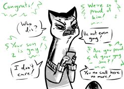  2017 anthro cellphone clothed clothing dialogue disney electronics english_text fan_character female holding_object holding_phone inkyfrog linsang mammal offscreen_character partially_colored phone simple_background solo speech_bubble text viverrid white_background zootopia 