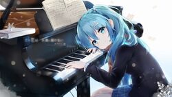  absurdres aqua_eyes aqua_hair asahi_kuroi beamed_eighth_notes beamed_sixteenth_notes blue_skirt book coat cropped crying female hair_ornament hatsune_miku highres instrument jacket long_hair looking_at_viewer md5_mismatch musical_note piano quarter_note resized scarf school_uniform sheet_music sitting sixteenth_rest skirt smile solo tears twintails upscaled vocaloid 