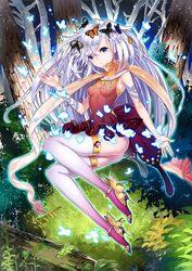  blue_eyes bow breasts bug butterfly commentary_request covered_nipples dress female glowing high_heels long_hair looking_at_viewer medium_breasts original thighhighs very_long_hair white_hair white_legwear yamanashi_kawanashi 