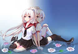  akausagi akuma_no_riddle asymmetrical_legwear banba_mahiru banba_shin&#039;ya black_legwear black_skirt commentary_request dual_persona female flower holding_hands long_hair looking_at_viewer partially_submerged pleated_skirt purple_eyes scar school_uniform serafuku skirt smile thighhighs uneven_legwear white_hair white_legwear 