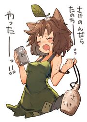  :d ^_^ bangle bare_arms bare_shoulders blush bottle bracelet breasts brown_eyes brown_hair chobi_(sakuyasakuhana) closed_eyes commentary_request cup dress drink drooling eyewear_on_head female flying_sweatdrops futatsuiwa_mamizou gourd green_dress holding holding_bottle holding_cup jewelry leaf looking_at_viewer medium_breasts mouth_drool open_mouth short_hair sleeveless sleeveless_dress smile solo sweat tokkuri touhou translated upper_body 