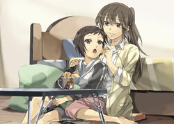  2girls barefoot bed bed_frame blue_eyes blush brown_eyes brown_hair clover commentary_request feeding food fruit hareta holding holding_food komano_hina long_hair long_sleeves mandarin_orange multiple_girls okujou_no_yurirei-san open_mouth photoshop_(medium) pillow ponytail short_hair sitting sitting_on_lap sitting_on_person smile table toomi_yuna yuri 