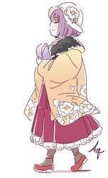  agatha_chris_q_outfit_(touhou) coat commentary female flower forbidden_scrollery fur_trim hakama hakama_skirt hat hieda_no_akyuu japanese_clothes kimono meiji_schoolgirl_uniform mitsumoto_jouji purple_hair short_hair simple_background skirt smile solo touhou white_background 