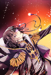  1boy arm_up black_hair code_geass commentary_request eyepatch lelouch_vi_britannia looking_at_viewer male_focus meimi_k parted_lips photoshop_(medium) purple_eyes solo uniform upper_body 